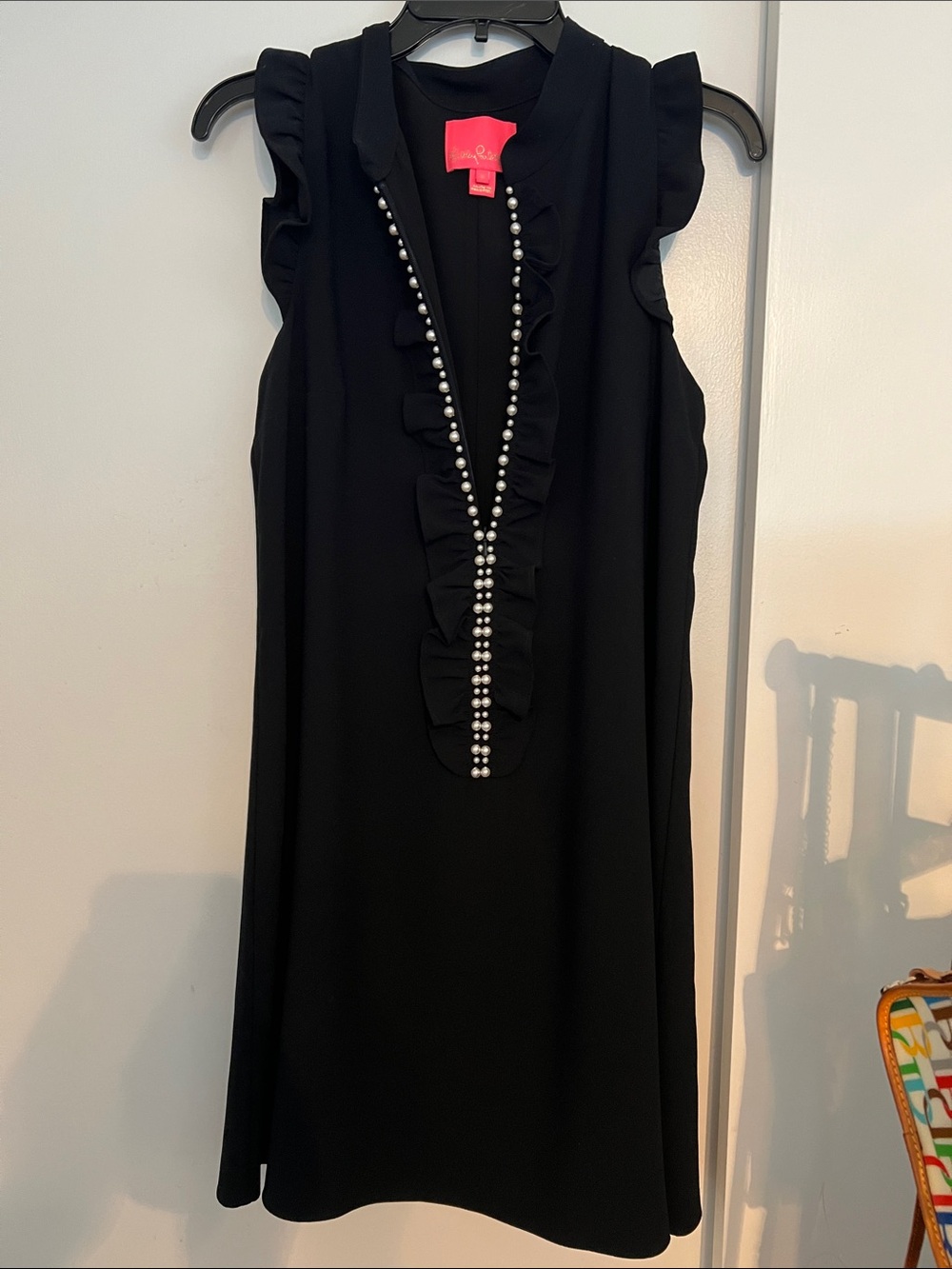 Lilly Pulitzer Black Adalee Sleeveless Ruffle Shift Dress with Pearl Trim